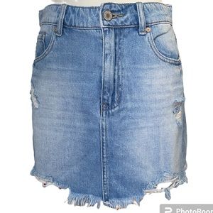 KanCan denim jean mini skirt sz large distressed frayed hem high waisted EUC